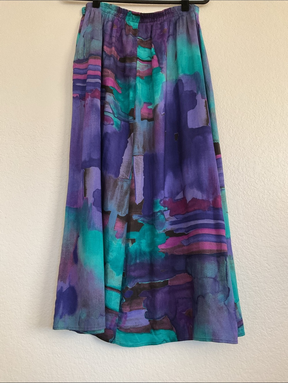 Tofy Made in USA Abstract Watercolor Print Midi Skirt in Teal & Purple - Size 12
